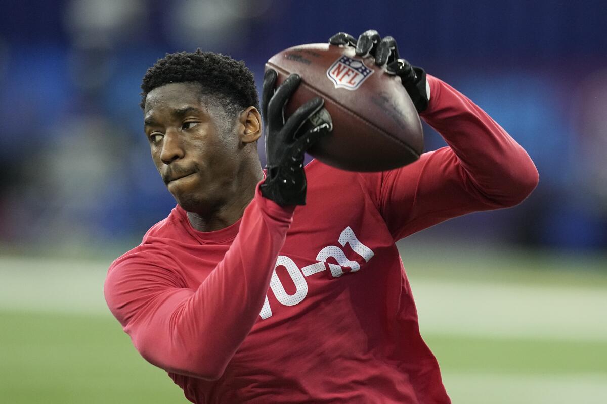 USC wide receiver Jordan Addison runs a drill at the NFL Scouting Combine in Indianapolis in March.
