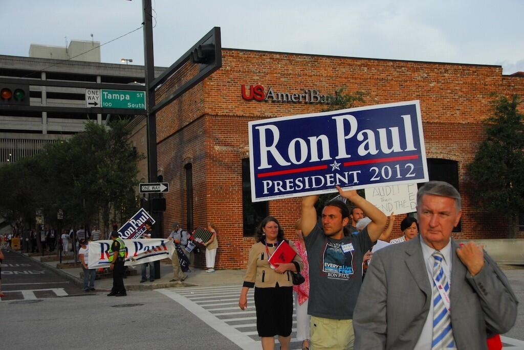 Ron Paul supporters outside the Tampa Bay Times Forum on Aug. 29, 2012.