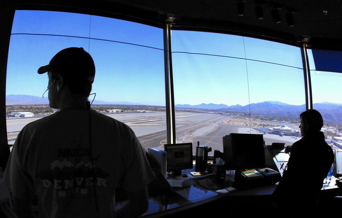 Air traffic controllers have a commanding view of the runways at Palm Springs International Airport. The FAA’s sweeping NextGen project is gradually replacing radar-based flight monitoring with more sophisticated automation and global positioning satellites.