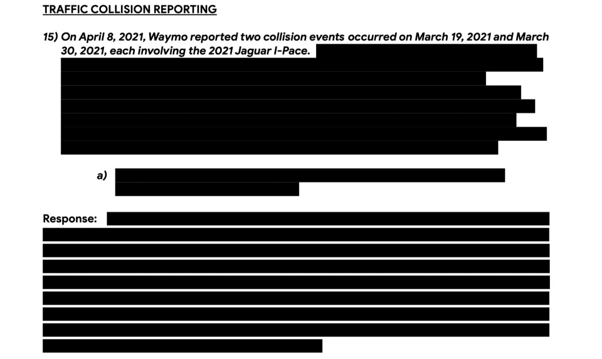 Black bars hide crash information about Waymo driverless cars