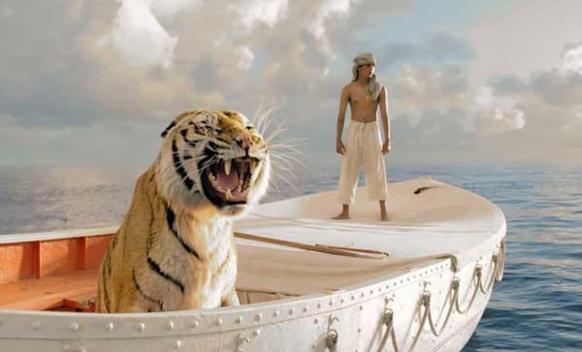 A tiger and a teen (Suraj Sharma) are adrift in "Life of Pi," Saturday on HBO.