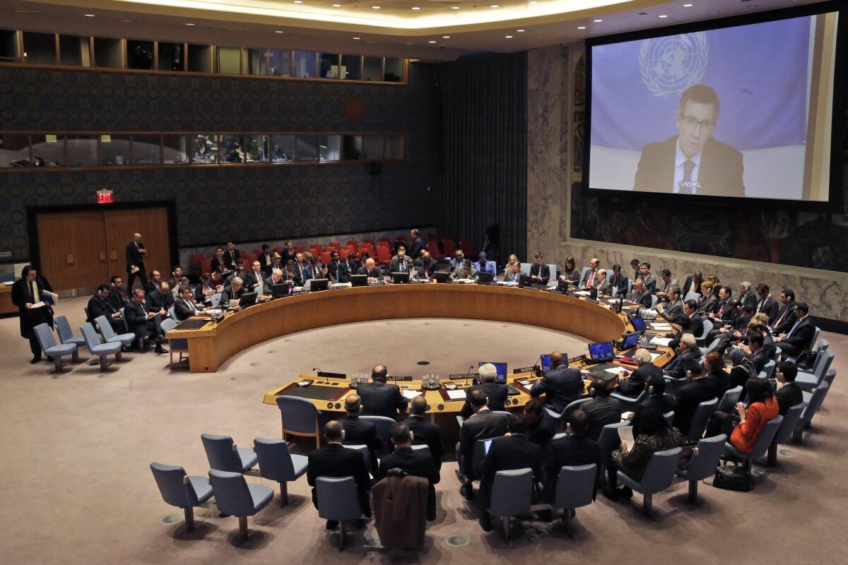 Bernardino Leon, head of the United Nations' support mission in Libya, is seen on a video screen as he speaks during a Security Council meeting Wednesday.