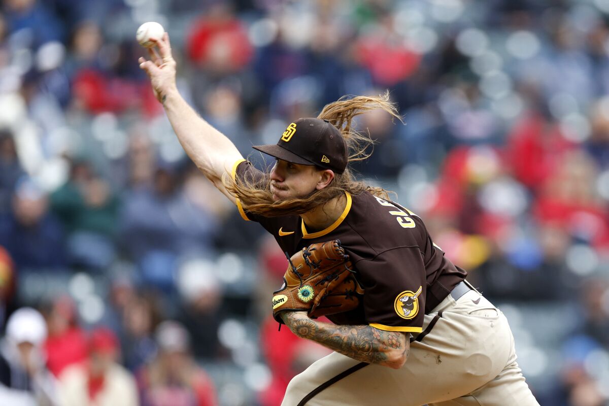 Padres pitcher Mike Clevinger throws against the Guardians on Wednesday in his first game back from Tommy John surgery.