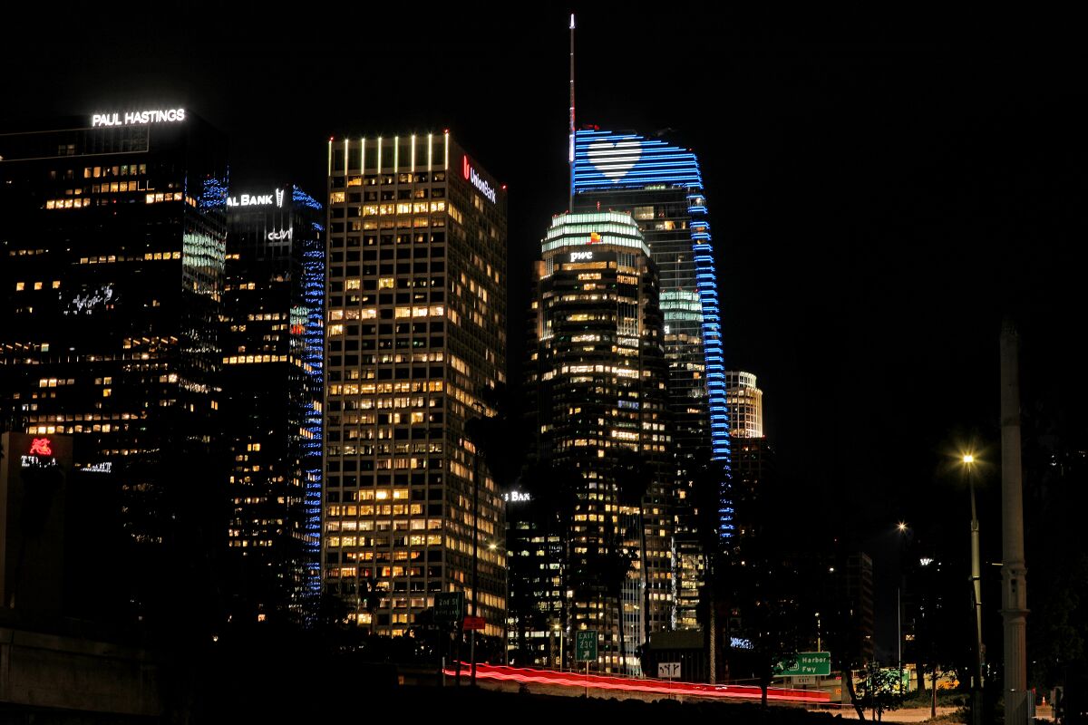 Wilshire Grand displays blue lights to show support for healthcare workers.