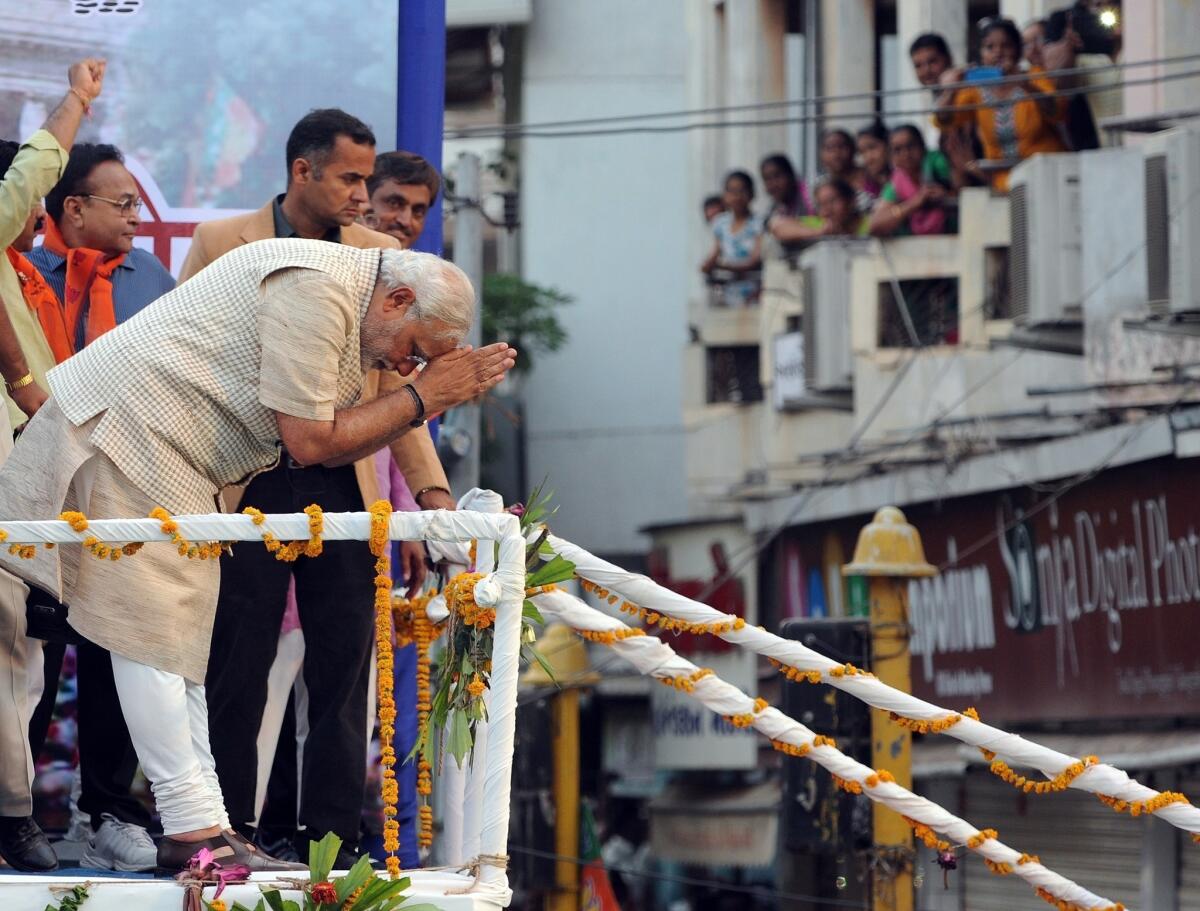 Narendra Modi bows to the crowd in Vadodara after his Bharatiya Janata Party's victory in India's national election.