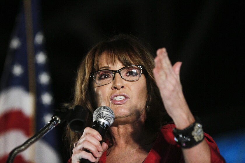 FILE - In this Sept. 21, 2017, file photo, former vice presidential candidate Sarah Palin speaks at a rally in Montgomery, Ala. Palin is on the verge of making new headlines in a legal battle with The New York Times. A defamation lawsuit against the Times, brought by the brash former Alaska governor in 2017, is set to go to trial starting Monday, Jan. 24, 2022 in federal court in Manhattan. (AP Photo/Brynn Anderson, File)