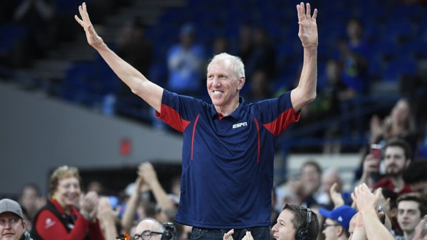 Bill Walton acknowledges the crowd at Veterans Memorial Coliseum in Portland, Ore., during the 2017 PK-80 Phil Knight Invitational college basketball tournament on Nov. 24, 2017