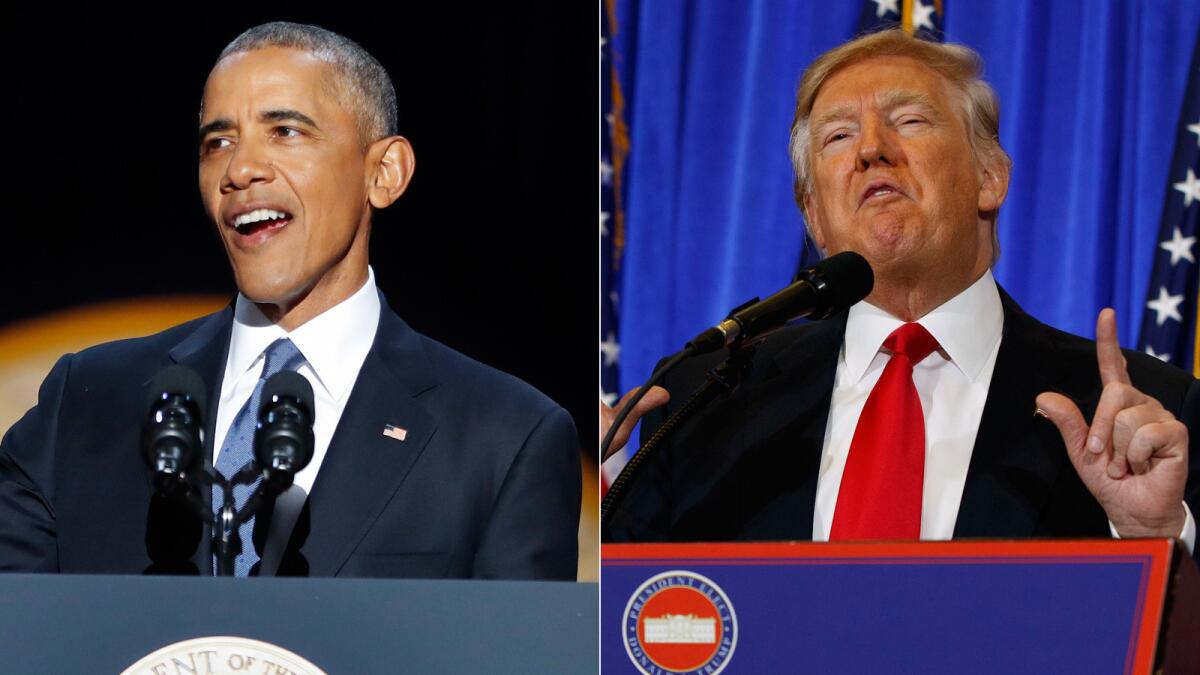 President Obama giving his farewell address on Tuesday, left, and Donald Trump at his press conference Wednesday.