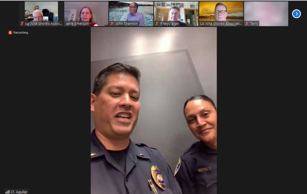Police Lt. Rick Aguilar and Community Relations Officer Jessica Thrift address the La Jolla Shores Association on June 8.