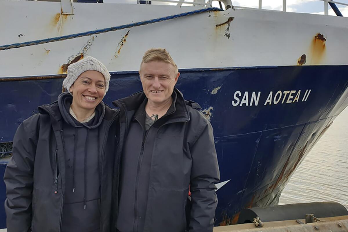 Feeonaa and Neville Clifton after a monthlong voyage on an Antarctic fishing boat.