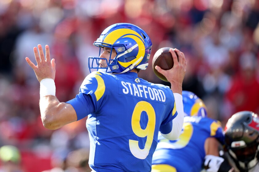 Rams quarterback Matthew Stafford passes against the Tampa Bay Buccaneers in the divisional round of the playoffs.