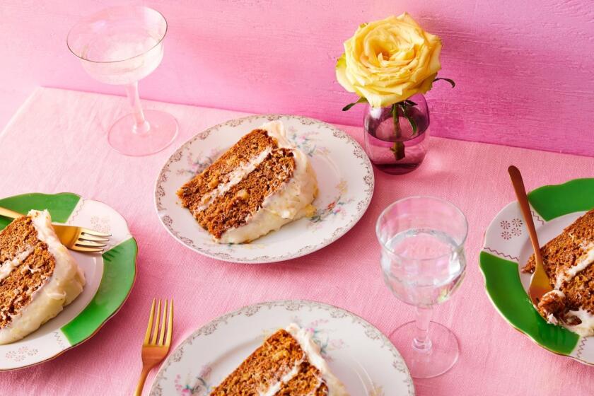 Wedges of Madonna Inn's carrot cake, a favorite of the hotel in San Luis Obispo. Food styled by Ben Mims, with Julie Giuffrida and propped by Nidia Cueva at Proplink Tabletop Studio in downtown Los Angeles.