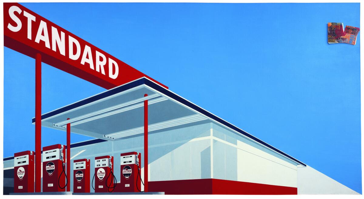 Ed Ruscha, "Standard Station, Ten-Cent Western Being Torn in Half," 1964, oil on canvas