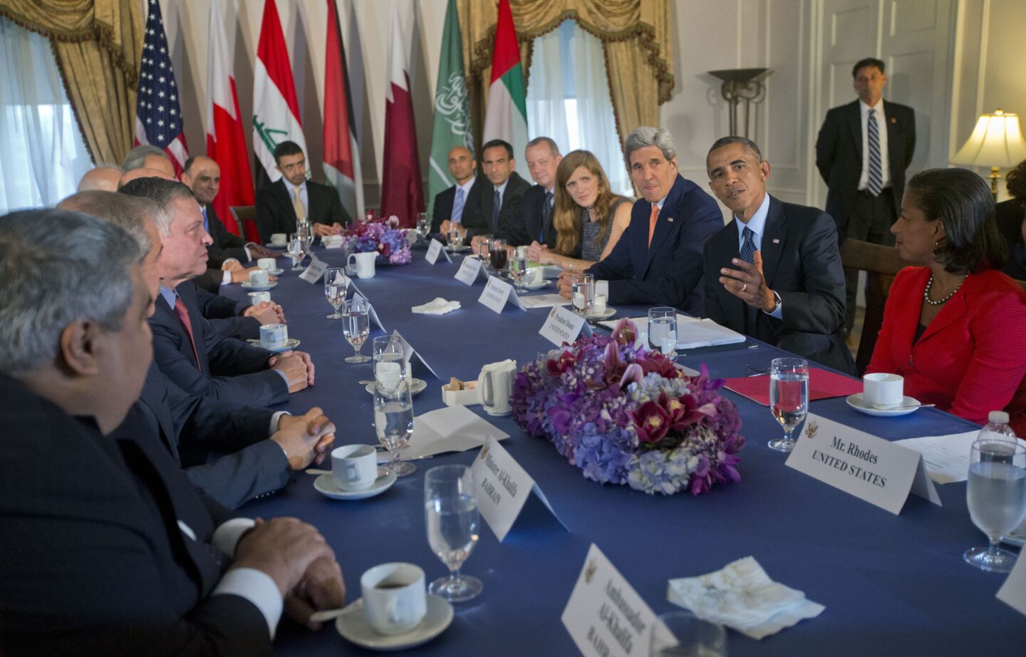 President Obama, accompanied by Secretary of State John F. Kerry, national security advisor Susan Rice, right, and U.S. Ambassador to the U.N. Samantha Power, meets with the representatives of Bahrain, Qatar, Saudi Arabia, Jordan, United Arab Emirates and Iraq, in New York. Obama met with the five Arab nations that participated in strikes against Islamic State targets in Syria.