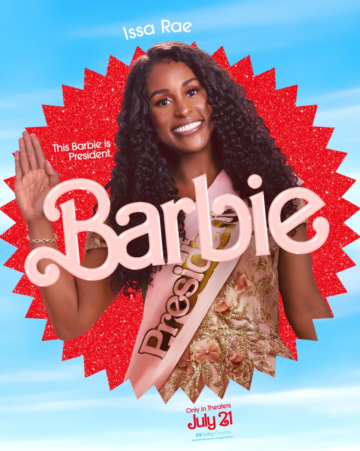Issa Rae smiles and waves in a "Barbie" movie poster. She wears a gold dress and a pink "President" sash.