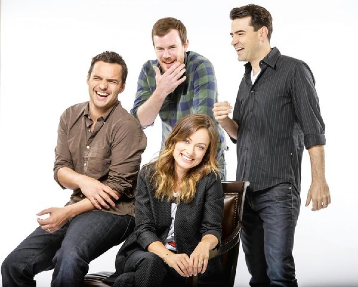 Joe Swanberg, center, has a big-name cast for his new movie, "Drinking Buddies," including Jake Johnson, left, Olivia Wilde and Ron Livingston.