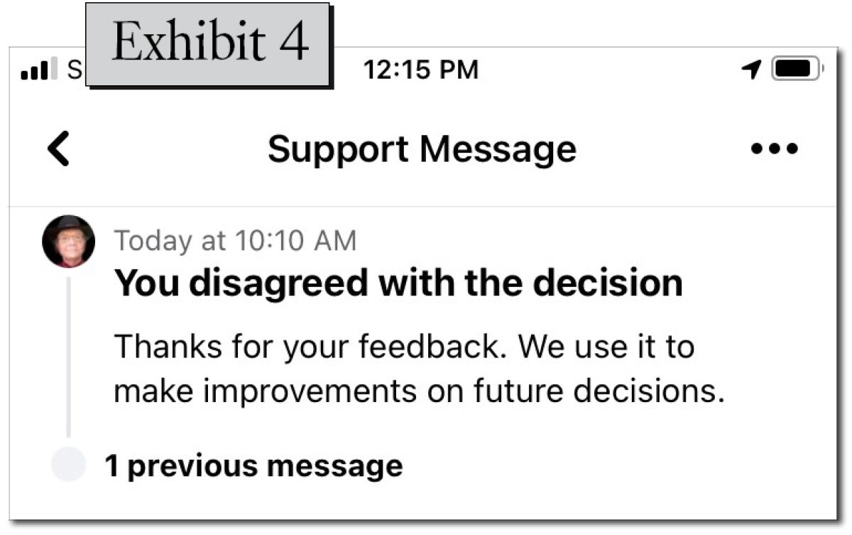A notification says, "You disagreed with the decision. Thanks for your feedback."