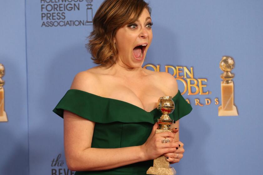 Rachel Bloom with her Golden Globe for lead actress in at TV comedy or musical series at the Golden Globe Awards show at the Beverly Hilton Hotel on Jan. 10.
