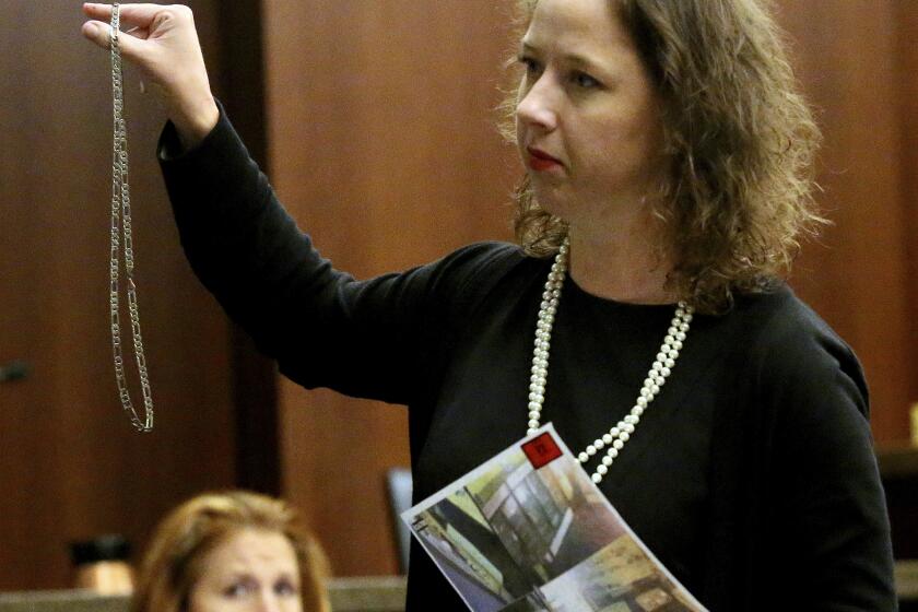 FILE - Brunswick Judicial Circuit District Attorney Jackie Johnson presents her closing arguments during the trial of De'Marquise Elkins and Karimah Elkins at Cobb Superior Court in Marietta, Ga., Aug. 2013. (AP Photo/Atlanta Journal-Constitution, Phil Skinner, File)