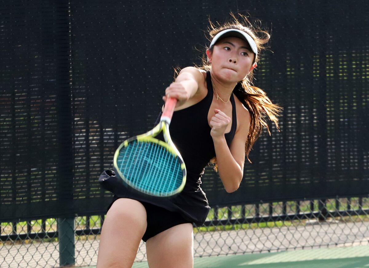 Sage Hill's Ella Wong serves during Friday's CIF Southern Section Division 3 girls' tennis final match against Northwood.