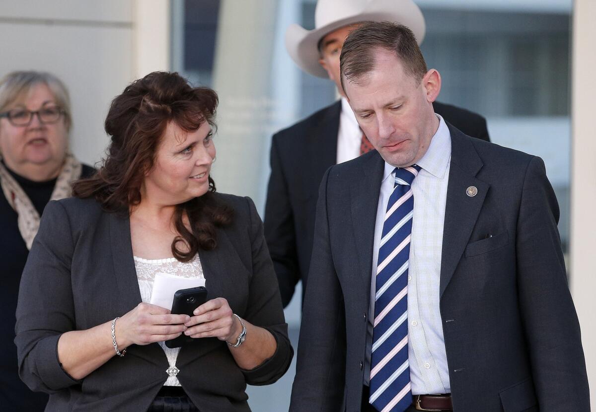 Charlene Jeffs, the former sister-in-law of Warren Jeffs, the imprisoned church leader of the Fundamentalist Church of Jesus Christ of Latter-Day Saints sect (FLDS), talks with U.S. Justice Department attorney Sean Keveney.