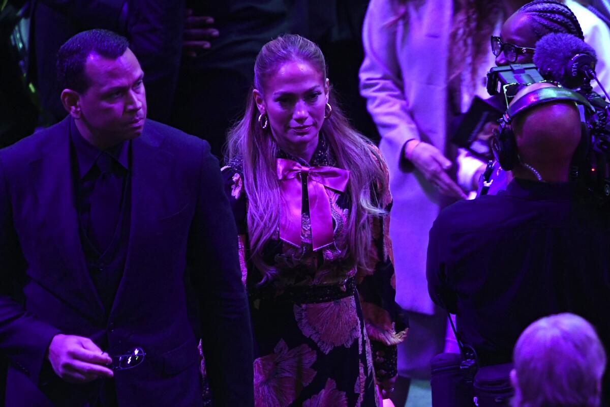 LOS ANGELES, CALIFORNIA - FEBRUARY 24: Alex Rodriguez and Jennifer Lopez depart after The Celebration of Life for Kobe & Gianna Bryant at Staples Center on February 24, 2020 in Los Angeles, California. (Photo by Kevork Djansezian/Getty Images) ** OUTS - ELSENT, FPG, CM - OUTS * NM, PH, VA if sourced by CT, LA or MoD **