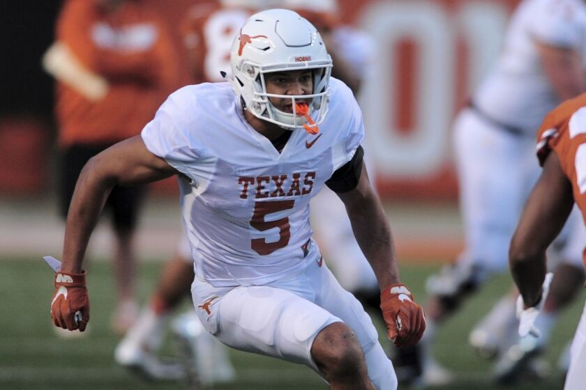AUSTIN, TX - APRIL 13: Freshman WR Bru McCoy(5) runs a pass route during the Longhorns spring game on April 13, 2019, at Darrell K Royal-Texas Memorial Stadium in Austin, Texas. (Photo by John Rivera/Icon Sportswire) (Icon Sportswire via AP Images)