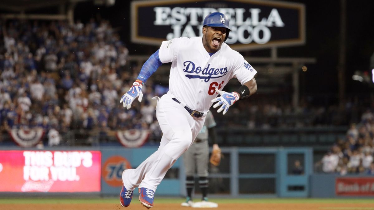 Yasiel Puig has had his tongue out and emotions on display since this triple against Arizona in Game 1 of the NLDS at Dodger Stadium. Conceived in a moment of exuberance, it has become a signature gesture of this postseason.