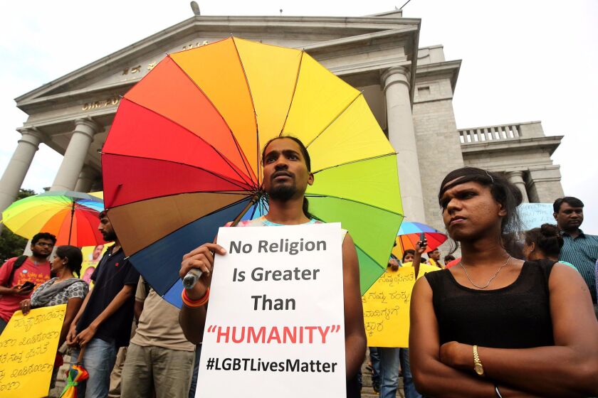 Lesbian, gay, bisexual and transgender community members in Bangalore, India, demonstrated June 14 after the massacre at a gay club in Orlando, Fla.