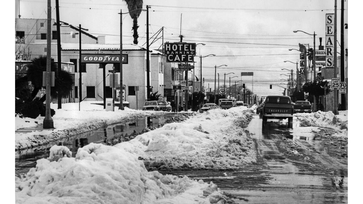 Feb. 1, 1979: Snow is piled up in downtown Banning after 19 inches of snow fell, the heaviest snowfall at the time since 24 inches fell in 1947.