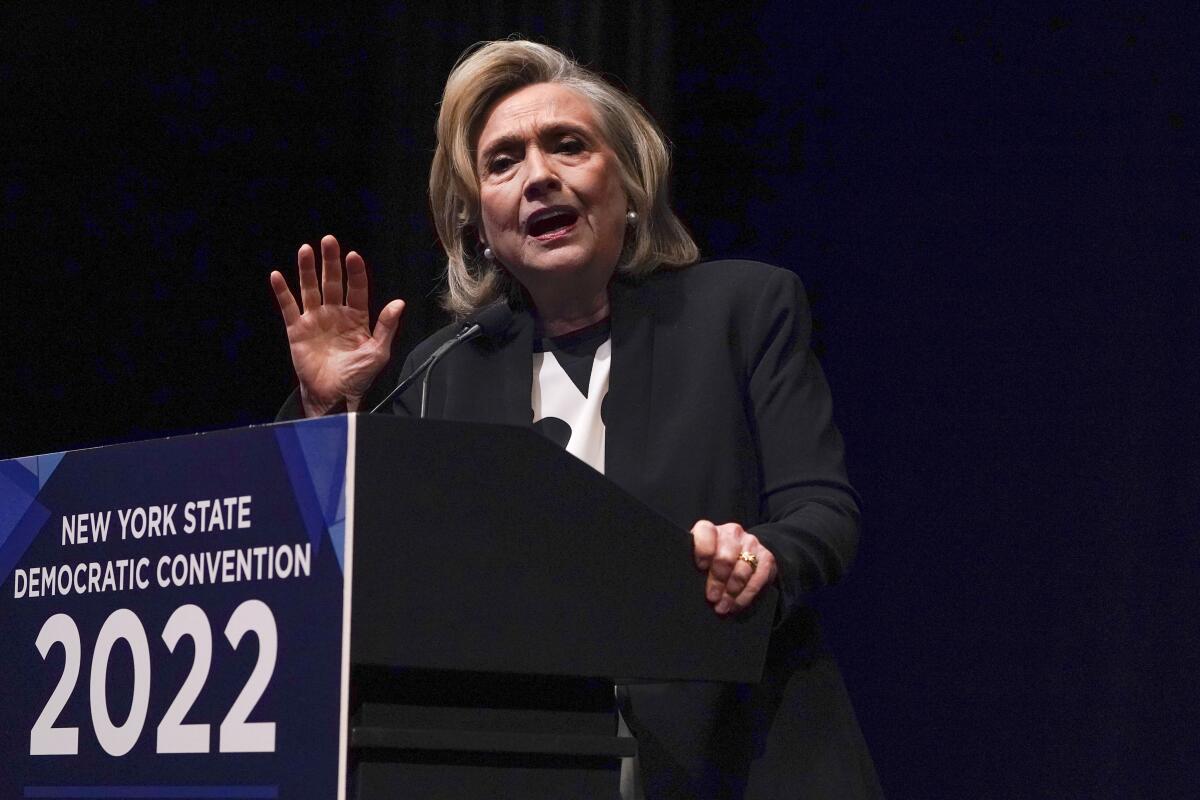 Hillary Rodham Clinton speaks during the New York State Democratic Convention in 2022.