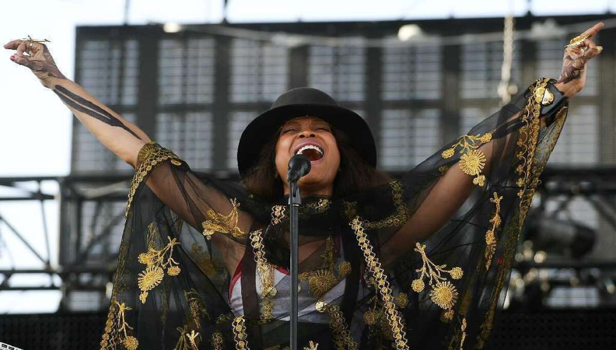 Erykah Badu is seen performing on the Coachella stage at the Coachella Valley Music and Arts Festival at the Empire Polo Grounds in Indio on April 16, 2011.