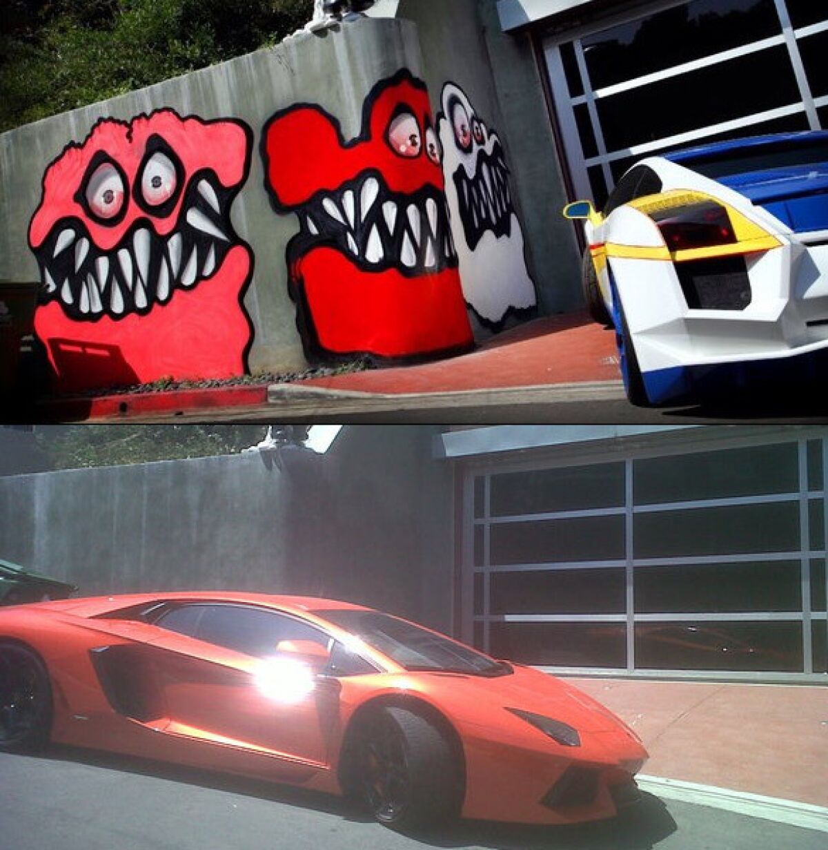 Above, a controversial mural outside Chris Brown's Hollywood Hills house in May. Below, the same wall outside Chris Brown's home Saturday.