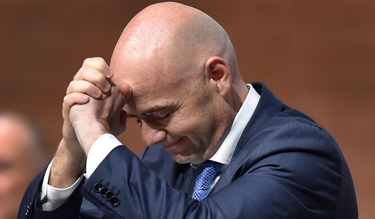 Gianni Infantino reacts after winning the FIFA presidential election in Zurich, Switzerland, on Feb. 26.