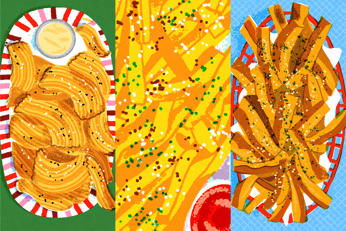 Three illustrations of french fry dishes