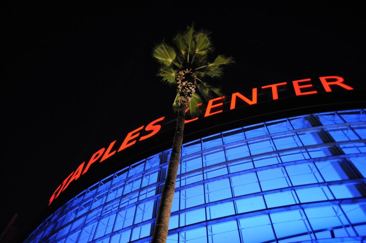 An exterior general view of Staples Center.