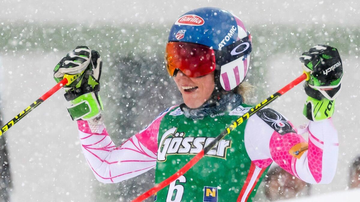 American Mikaela Shiffrin celebrates Wednesday after winning her second-consecutive giant slalom at the Audi FIS Ski World Cup.
