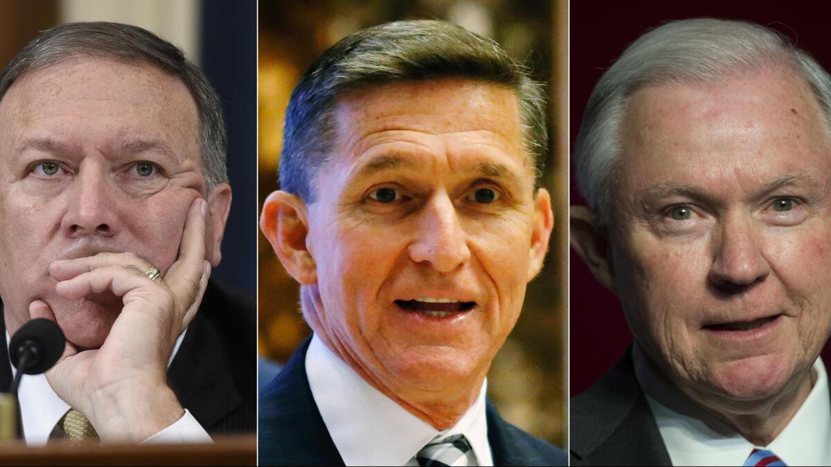 From left are Rep. Mike Pompeo (R-Kan.), President-elect Donald Trump's choice to run the CIA; retired Lt. Gen. Michael Flynn, his national security advisor; and Sen. Jeff Sessions (R-Ala.), Trump's choice for attorney general.