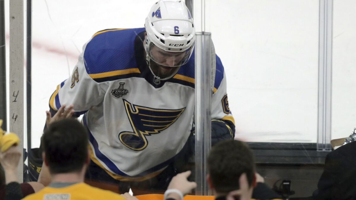 Blues defenseman Joel Edmundson enters the penalty box during the second period of Game 2.