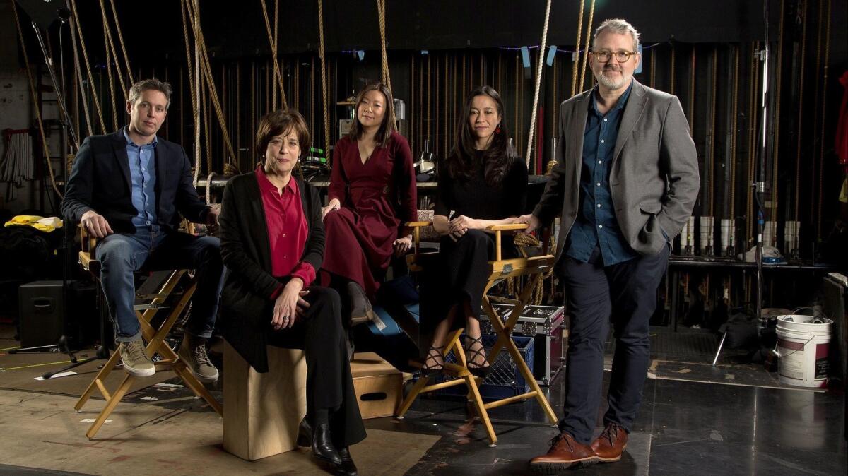 The Envelope gathers documentary directors for a roundtable: from left, Tim Wardle ("Three Identical Strangers"), Betsy West ("RBG"), Sandi Tan ("Shirkers"), Elizabeth Chai Vasarhelyi ("Free Solo") and Morgan Neville ("Won't You Be My Neighbor").