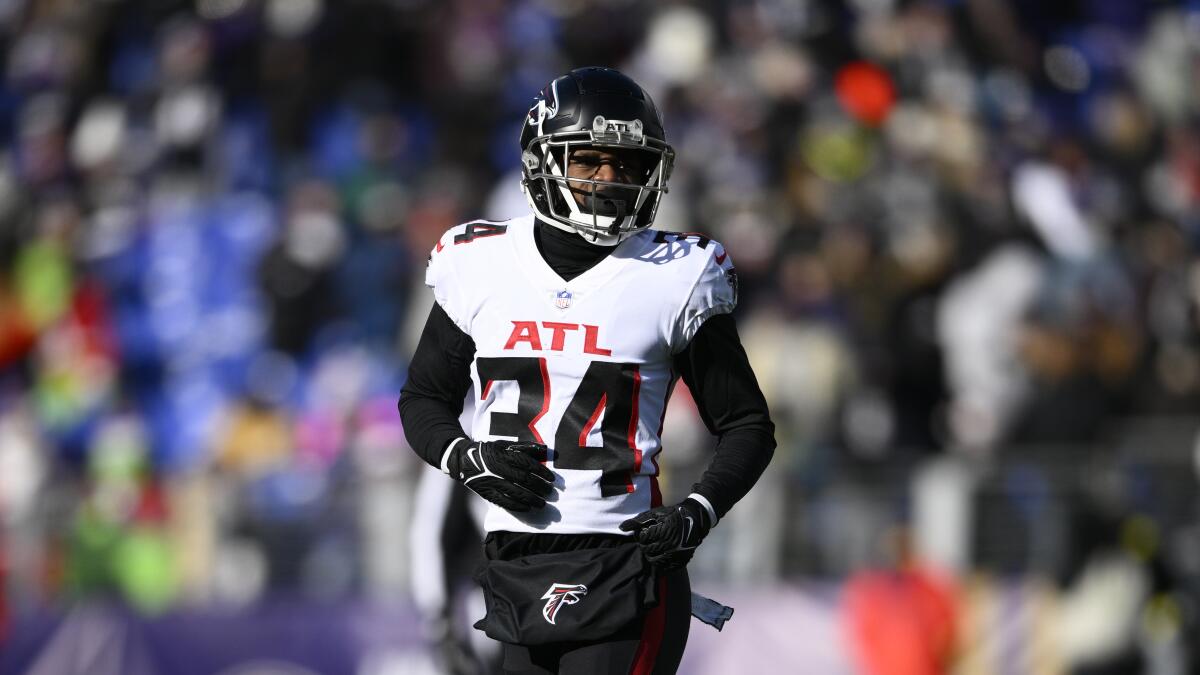 Atlanta Falcons cornerback Darren Hall in action during the first half against the Baltimore Ravens.