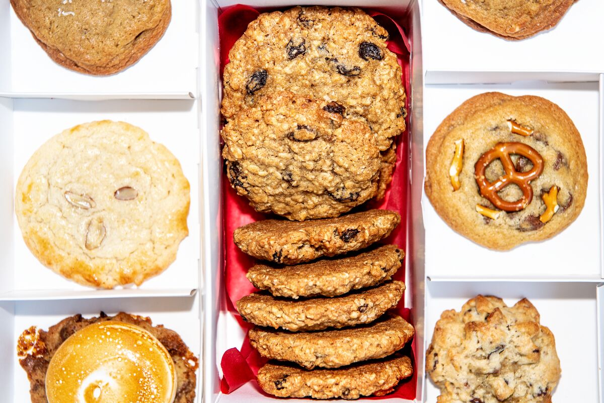 A selection of Zooies cookies, with oatmeal raisin down the middle 