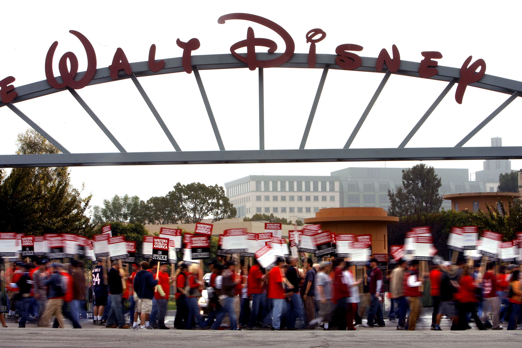 WGA strikers protest in front of Walt Disney Studios in Burbank. 
