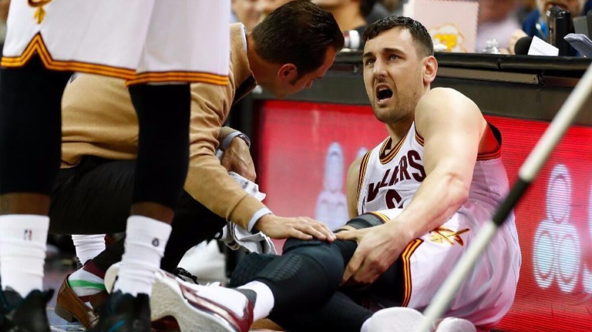 Center Andrew Bogut (6) reacts after breaking his leg in the first half of his debut with the Cleveland Cavaliers in the first half on March 6.