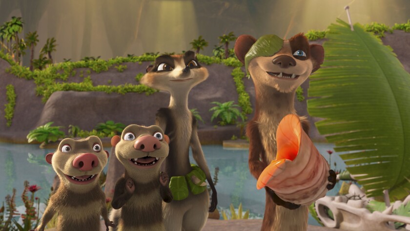 This image released by Disney Enterprises shows, from left, Crash, voiced by Seann William Scott, Eddie, voiced by Josh Peck, Zee, voiced by Justina Machado, and Buck, voiced by Simon Pegg, in a scene from the animated feature "The Ice Age Adventures of Buck Wild." (Disney Enterprises via AP)