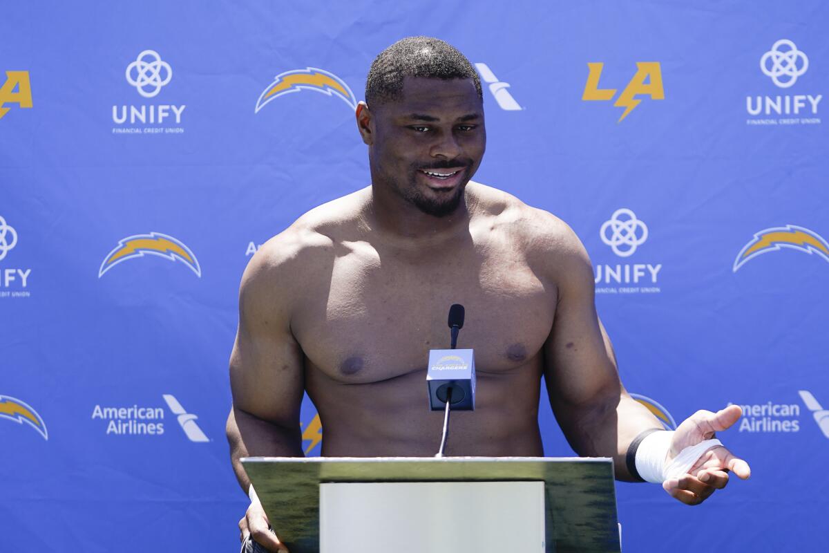  Chargers linebacker Khalil Mack speaks in a press conference.