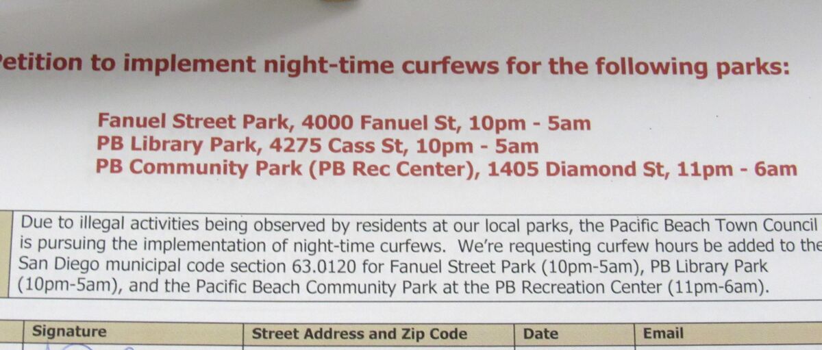 The parks curfew petition (500 paper signatures strong) was circulated via Neighborhood Watch groups at the request of the PB Town Council, primarily to address drug use after dark.