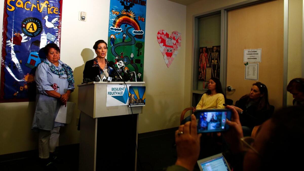 Oakland Mayor Libby Schaaf held a press conference to address potential Immigration and Customs Enforcement activity in the area at Fruitvale Village.