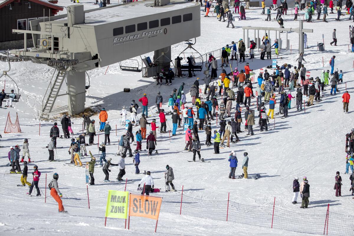 Skiers and snow boarders are required to wear masks in all lift lines at Mammoth Mountain.