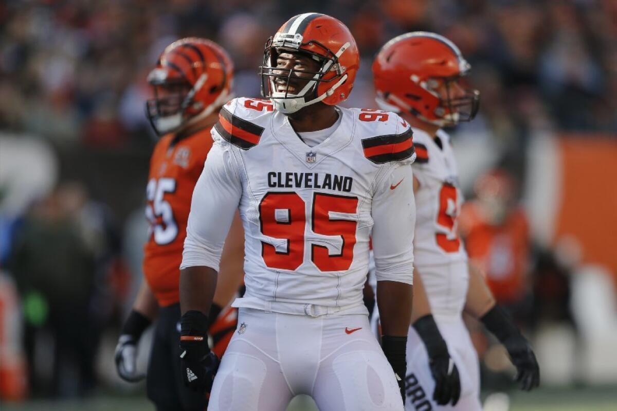 Browns rookie defensive end Myles Garrett celebrates after sacking Bengals quarterback Andy Dalton during a game on Nov. 26.